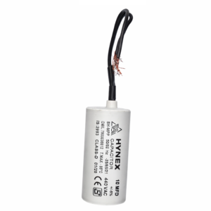 HYNEX 10 MFD 440V AC motor run capacitor with wire lead – front view