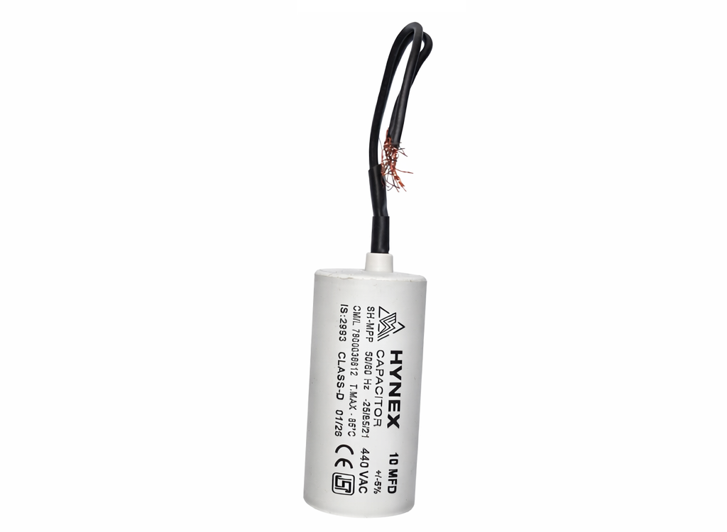 HYNEX 10 MFD 440V AC motor run capacitor with wire lead – front view