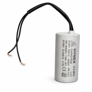 HYNEX 12.5 MFD 440V AC motor run capacitor with wire lead – front view