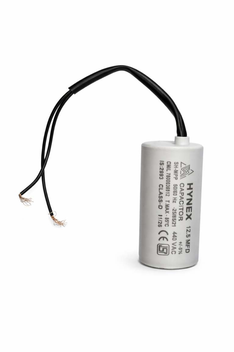HYNEX 12.5 MFD 440V AC motor run capacitor with wire lead – front view