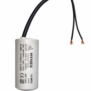HYNEX 15 MFD 440V AC motor run capacitor with wire lead – front view