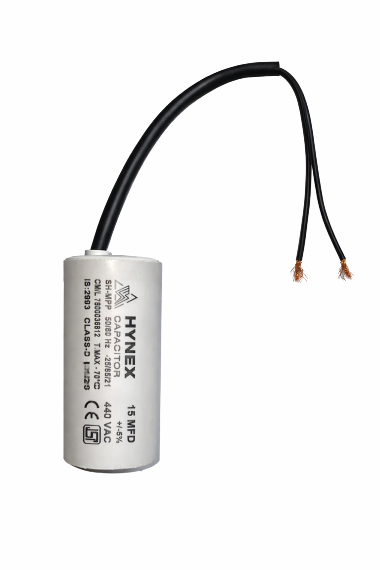 HYNEX 15 MFD 440V AC motor run capacitor with wire lead – front view