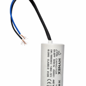 HYNEX 36 MFD 440V AC motor run capacitor with wire lead – front view