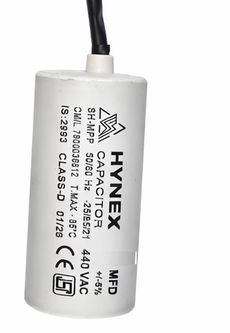 HYNEX 2.5 MFD 440V AC motor run capacitor with wire lead – front view