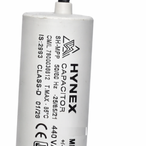 HYNEX 25 MFD 440V AC motor run capacitor with wire lead – front view